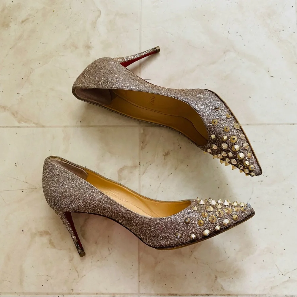 Christian Louboutin Silver Glitter Gold Spikes Pointed Toe Pumps Heels 7.5/37.5